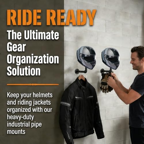 PSLER 3 Pack Helmet Wall Mount, Industrial Pipe Rack for Helmets & Gear | Vintage industrial pipe design,Thickened wall-mounted base,Multi-scene universal holder,Hang riding jackets, scarves & gloves