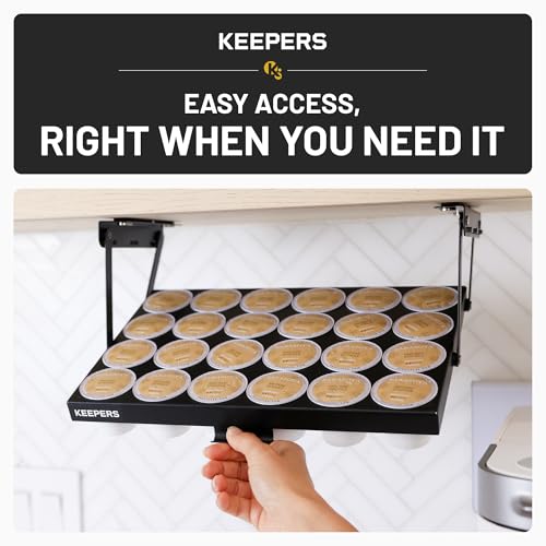 KEEPERS Under Cabinet K Cup Holder with Swing-Down Access – Space-Saving Coffee Pod Holder and K Cup Organizer for 24 Pods – Steel Coffee Pod Organizer with Easy DIY Installation