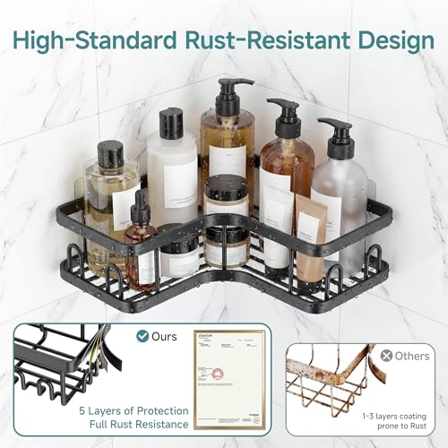 Veken Corner Shower Caddy 3-Pack, Advanced Rustproof Design&Stable Storage | No Drilling Adhesive Shelves, Rack with Soap Holder & Hooks, Thickened Metal Frame, Bathroom Organizers and Storage, Blac
