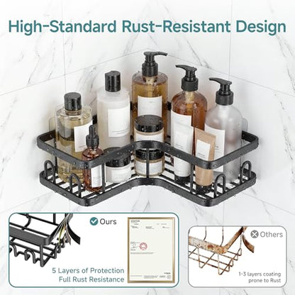 Veken Corner Shower Caddy 3-Pack, Advanced Rustproof Design&Stable Storage | No Drilling Adhesive Shelves, Rack with Soap Holder & Hooks, Thickened Metal Frame, Bathroom Organizers and Storage, Blac