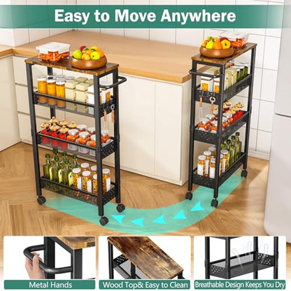 Vivihomety 4-Tier Slim Utility Rolling Laundry Cart with Wheels, Metal | Narrow 7.1" wide, Lockable wheels, wood top panel, metal frame, with handle, for laundry, bathroom, kitchen, black