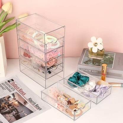 Hipiwe Plastic Drawer Organizer Desktop Storage Box with 6 Pull Out Drawers | Clear Compact Drawers Box for Cabinet Vanity Bathroom Bedroom Pantry Shelf Office Closet Organization