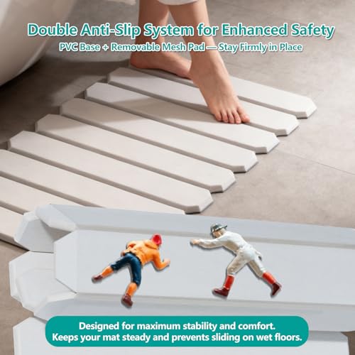 Foldable Stone Bath Mat, Diatomaceous Earth Mat, Quick Dry Slatted Shower Mat, Non-Slip Bathroom Floor Mat with Portable Design for Tub, Sink, and Entryway – 23.8" x 15.3", Gray White