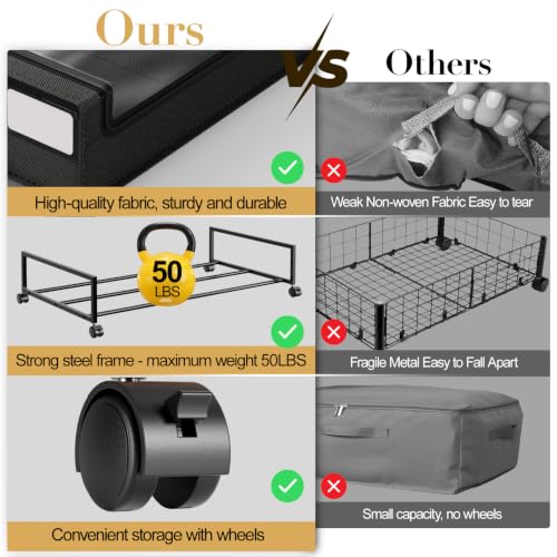 Yecaye Under Bed Storage with Wheels, 2 Pack Under the Bed Storage Containers with Lids & Label, XXL 60L Rolling Underbed Storage Drawers for Clothes, Blankets, Shoes, Black