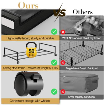 Yecaye Under Bed Storage with Wheels, 2 Pack Under the Bed Storage Containers with Lids & Label, XXL 60L Rolling Underbed Storage Drawers for Clothes, Blankets, Shoes, Black