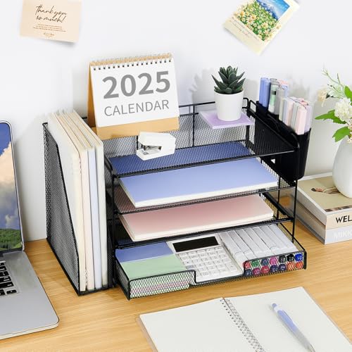 Desk Organizer, 4-Tier Desktop File Organizer with Drawer and Pen Holders, Office Desk Accessories, File Sorters, Workspace Organizers for Office Supplies(Black)