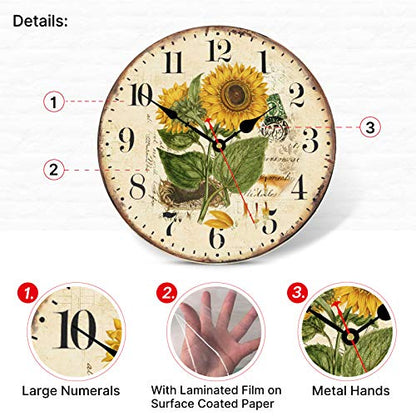 TAHEAT 14 Inch Beautiful Sunflower Wall Clock, Vintage Country Floral Silent Non Ticking Clocks, Wooden Round Easy to Read Wall Clock for Kitchen/Living Room/Bedroom/Bathroom