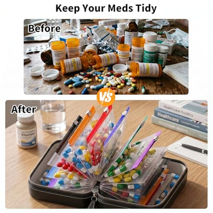 Waterproof Pill Organizer Set, 7-Day AM/PM Weekly Medication Case with 14 Pouches (7 Distinct Colors), Travel Waterproof Pill Pouch, BPA-Free Compact Zippered Storage Binder for Travel, Daily (Black)
