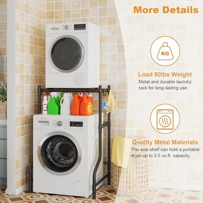 U16 Upgraded Washer Dryer Stacking Rack for Narrow Laundry Room | Metal Over Washer and Dryer Storage Shelves, Laundry Space Saver for Portable Dryer, 29.5"W x 23.6"D x 53.1"H, Black