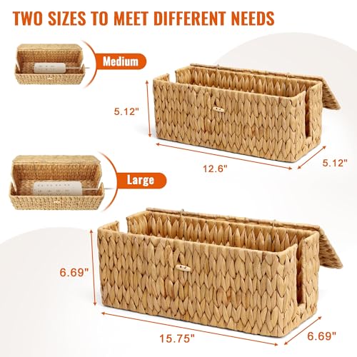 Cable Management Box with Lid, 2Pack Handwoven Real Water Hyacinth Cord Hider Organizer Boxes, 2 Side Open Slots Storage Box to Hide Cords Power Strip for Desk, Floor, Office
