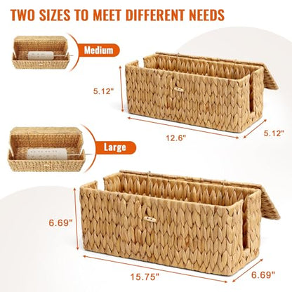 Cable Management Box with Lid, 2Pack Handwoven Real Water Hyacinth Cord Hider Organizer Boxes, 2 Side Open Slots Storage Box to Hide Cords Power Strip for Desk, Floor, Office