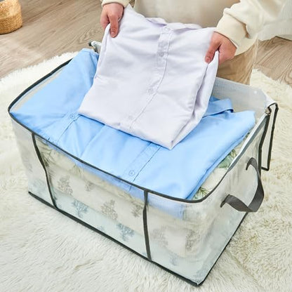 80L Clear Large Storage Bag for Clothes Comforters Blankets Pillows Bedding | Foldable Organizer with Sturdy Handle and Zippers, Storage Containers for Organizing Closet, Bedroom, Underbed, Dorm