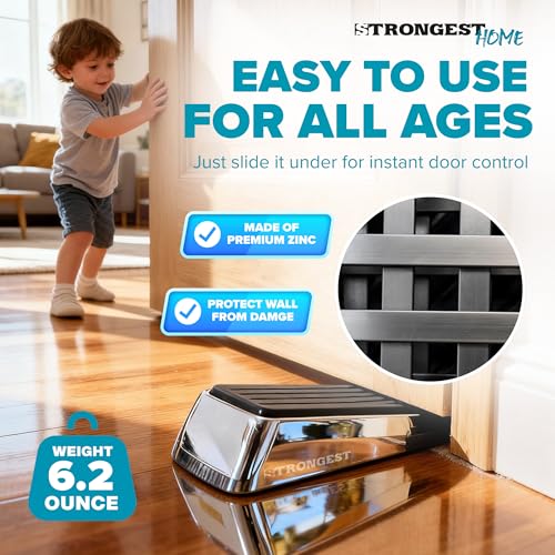 Door Stoppers for Bottom of Door – Heavy Duty Metal Rubber Stopper, Non-Slip Door Stop for Heavy Doors, Works on Wood, Tile & Carpet Floors, Wedge Chrome 2 PCs + 2 White Wall Protectors