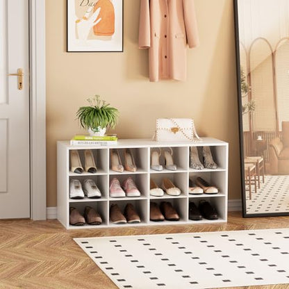 Shoe Storage Bench, Cubby Shoe Rack with 12 Cubbies, 3-Tier Wood Shoe Rack Organizer, Shoe Organizer Cabinet for Entryway, Hallway, Closet and Garage, White