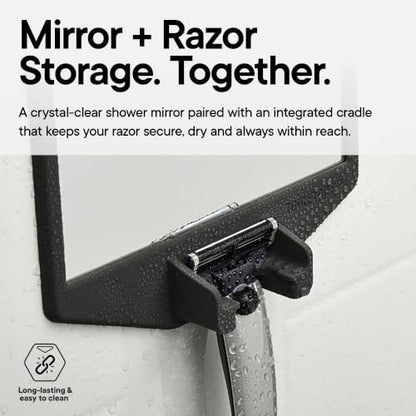TOOLETRIES The Joseph Shower Mirror for Shaving and Razor Holder - Charcoal | Fog-reducing shower mirror with an integrated silicone razor holder and reusable wall mount.
