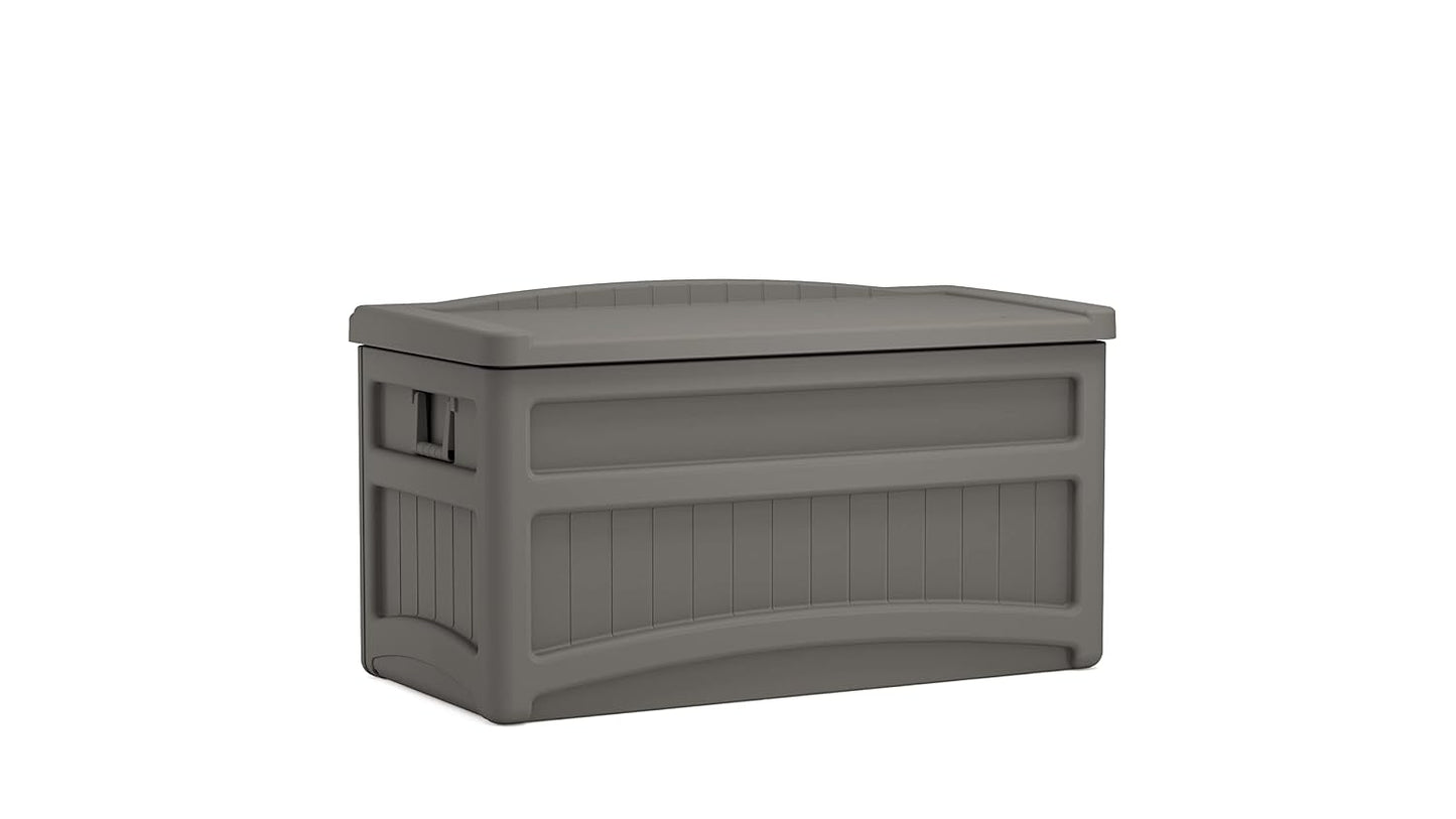 Suncast 73 Gal, Resin Deck Box with Wheels, Handles and Seat, Stoney