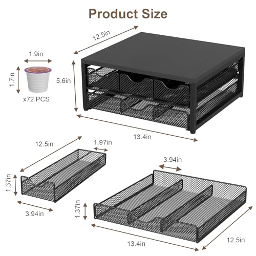 Coffee Pod Holder For Counter, 3 Pull-Out 72 K-Cup Holder Drawer, Wooden Cafe Pods Storage Organizer with Sliding Drawers for Coffee Station, Home, Kitchen, Office, Dorm (Black)