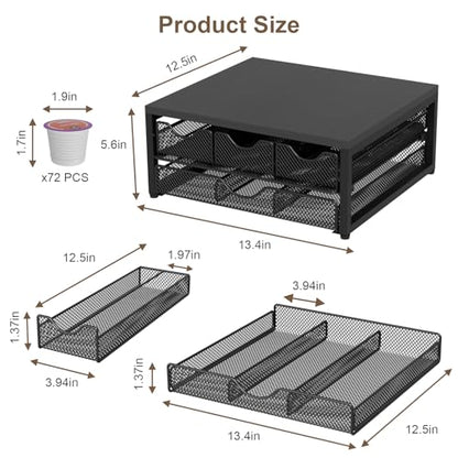 Coffee Pod Holder For Counter, 3 Pull-Out 72 K-Cup Holder Drawer, Wooden Cafe Pods Storage Organizer with Sliding Drawers for Coffee Station, Home, Kitchen, Office, Dorm (Black)