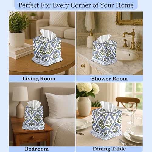 Light Steel Blue Block Print Ruffle Tissue Box Cover Handmade Cotton Decorative Square Napkin Holder for Home Bedroom Living Room Bathroom Vanity Countertop Car Office Kitchen