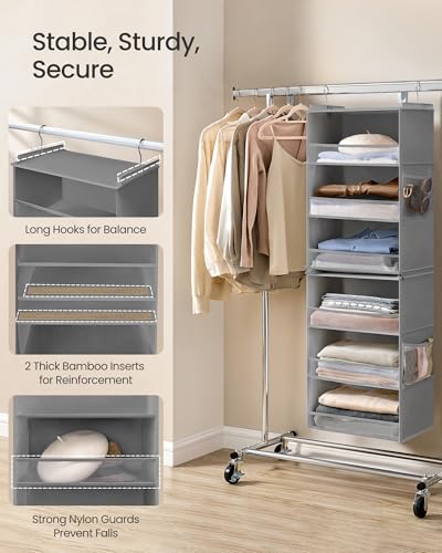 SONGMICS Hanging Closet Organizer, 6-Tier Fabric Storage Shelf, Separable Closet Hanging Shelf with Side Pockets, Foldable, Metal Hooks and Bamboo Inserts, Dove Gray URCH007G01