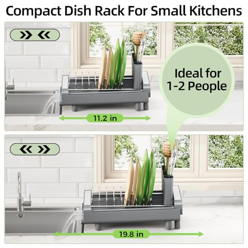 TOOLF Small Dish Drying Rack, Expandable and Space-Saving, Gray | Mini Dish racks for kitchen counter, Compact Design Fits Sink or Counter, Stainless Steel Plate Rack, 11"-19.3"L×7.7"W×3.54"H