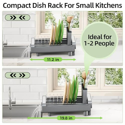 TOOLF Small Dish Drying Rack, Expandable and Space-Saving, Gray | Mini Dish racks for kitchen counter, Compact Design Fits Sink or Counter, Stainless Steel Plate Rack, 11"-19.3"L×7.7"W×3.54"H