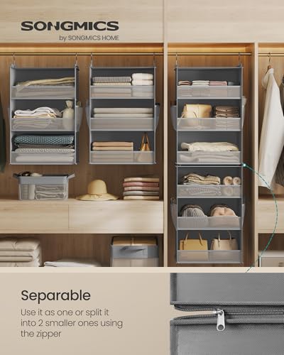 SONGMICS Hanging Closet Organizer, 6-Tier Fabric Storage Shelf, Separable Closet Hanging Shelf with Side Pockets, Foldable, Metal Hooks and Bamboo Inserts, Dove Gray URCH007G01
