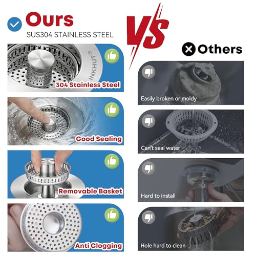 Upgraded 3 in 1 Kitchen Sink Drain Strainer (Silver-2Pack) | Stainless Steel Sink Stopper, Anti-Clogging Food Catcher Basket, Bounce Core Drain Strainer Plug for 3 1/2 inch Drain