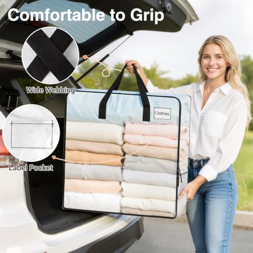 93L Moving Bags, Heavy Duty Clear Storage Bag with Strong Zippers & Handles | Large Foldable Storage Containers for Dorm Moving, Seasonal Clothing Storage, Clothes, Bedding and Blankets, 3 Pack
