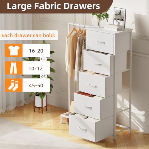 Somdot Dresser with Hanging Rack, 5 Drawers Small Closet for Bedroom | Reversible Clothes Rack, Kids Chest of Drawers, Tall Storage Tower, White