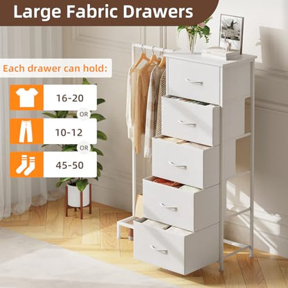 Somdot Dresser with Hanging Rack, 5 Drawers Small Closet for Bedroom | Reversible Clothes Rack, Kids Chest of Drawers, Tall Storage Tower, White