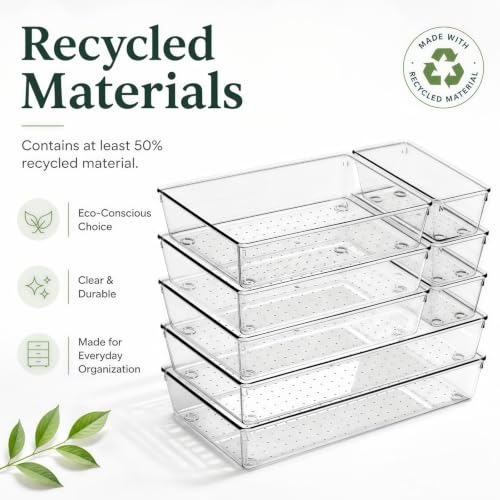 8 Pack Large Clear Plastic Drawer Organizer Bins - Acrylic Bathroom Drawer Organizer Trays - Heavy Duty Kitchen Drawer Dividers for Utensils - Non-Slip Storage Bins for Makeup, Bedroom, Office Desk