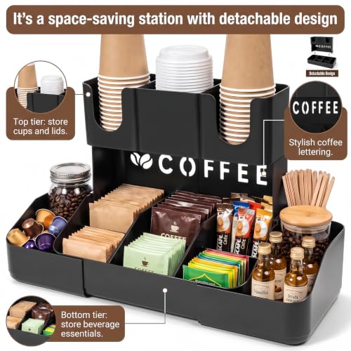 Expandable 2 Tier Coffee Station Organizer, Coffee Bar Organizer with 11 Compartments & Cup Holder Rack, Coffee Pod Holder for K Cups, Tea Bags, Sugar Packets, Countertop Coffee Accessories Storage