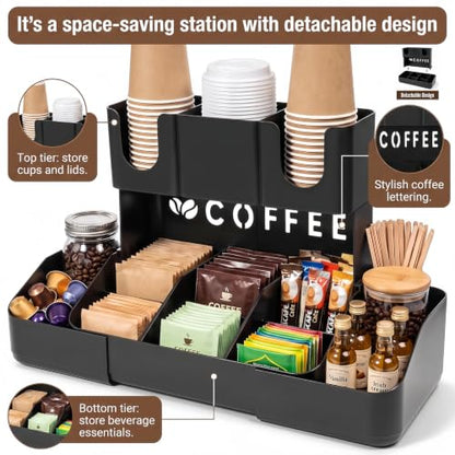 Expandable 2 Tier Coffee Station Organizer, Coffee Bar Organizer with 11 Compartments & Cup Holder Rack, Coffee Pod Holder for K Cups, Tea Bags, Sugar Packets, Countertop Coffee Accessories Storage