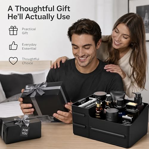 Men's Cologne Organizer with Drawers: Black Men Bathroom Counter Organizer, Dresser Organizer for Shaving Kit, Skincare, Gifts for Men