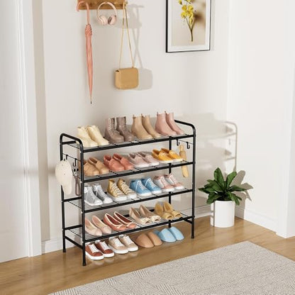 VILICK 4-Tier Shoe Rack 33" Wide Metal Shoe Organizer Long Shoe Storage with 4 Side Hooks Sturdy Shoes Shelf for Closet, Front Door Entrance, Garage, Dorm, Black