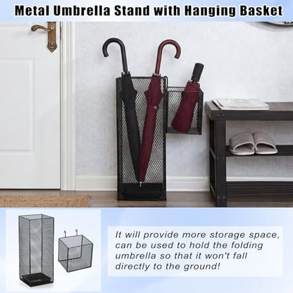 OwnMy Metal Umbrella Holder for Entryway Indoor Umbrella Stand for Entryway | Comes with Small Umbrella Storage Basket and Draining Tray, Modern Umbrella Stand Rack for Home Office Hotel Entrance, 16.5"H