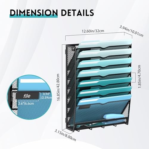 8-Tier Wall File Organizer and Mail Organizer with 5 Hooks, Black | Label slots, curved openings, 5 key hooks, and a bottom tray support organized mail, file, and everyday item storage.
