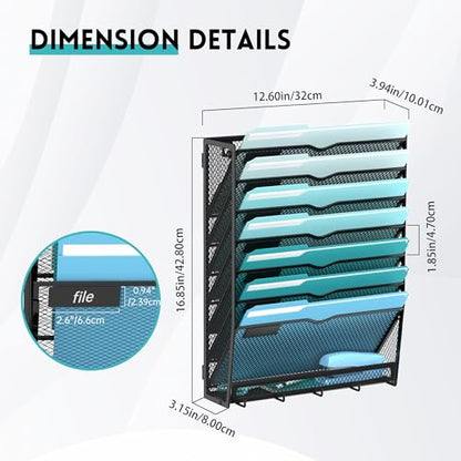 8-Tier Wall File Organizer and Mail Organizer with 5 Hooks, Black | Label slots, curved openings, 5 key hooks, and a bottom tray support organized mail, file, and everyday item storage.