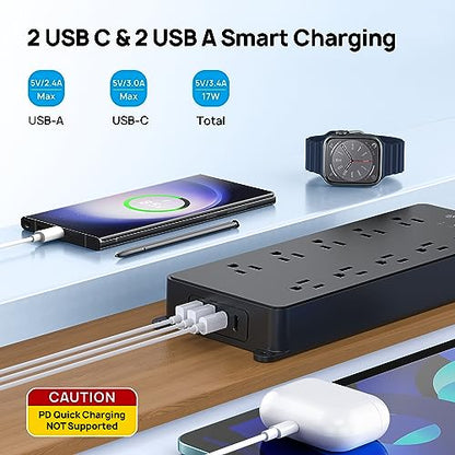 TROND Power Strip Surge Protector, 4000J, ETL Listed, Flat Plug 5ft | 10 Widely Spaced Outlets with 2 USB A and 2 USB C, Wall Mountable, 1875W/15A, for Home Office Garage, Black