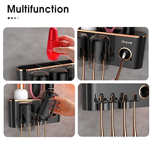 iHave Toothbrush Holders for Bathrooms Wall Mounted with Dispenser & 2 Cups | 6 Slots Wall Mount Toothbrush Holders for Bathrooms with Squeeze Toothpaste Dispenser, 2 Cups & 2 Compartments Organizer