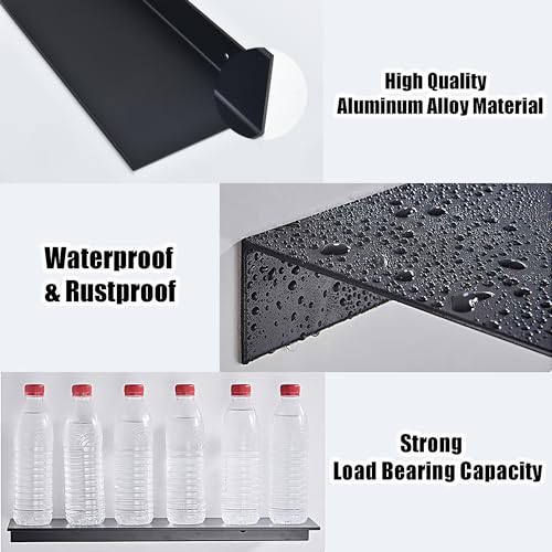 Adhesive Bathroom Shelves 2 Pack, Black Floating Wall Shelf 40cm | Metal Shower Caddy, Aerospace Aluminum, Renter-friendly, Rustproof & Waterproof, Drill/No Drill, Supports 5kg