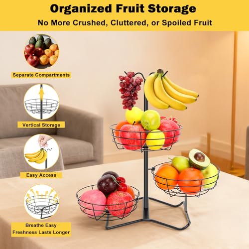 3 Tier Fruit Basket Bowl with 2 Banana Hooks, Solid Metal Standing Vegetable Storage for Kitchen Counter, Large Capacity Organizer for Bread Snack Produce (Black)