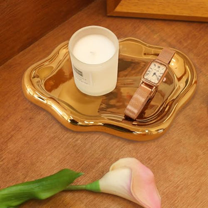 CCINPPY Ceramic Cloud Jewelry Tray Trinket Dish Key Bowl Nightstand Decor | Decorative Small Desk Tray Jewelry Plate Key Holder Bowl Cute Bedroom Room Decor Aesthetic, Gift for Women, Gold Medium