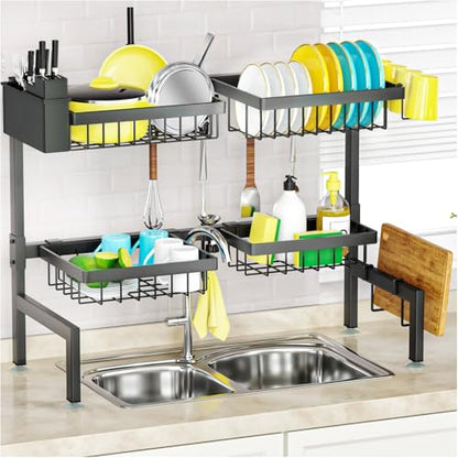 SNSLXH 4 Baskets 2-Tier Over The Sink Dish Drying Rack, 26.57"-35" | Large Dish Drying Rack for Kitchen, Extensible and Adjustable, Saving Kitchen Space