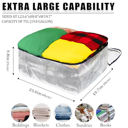 Ineetatu Clear Storage Bags with Zipper, 75L Extra Large Capacity - Closet, Underbed Storage Organizer for Clothes, Bedding, Comforter, Toys, Pillow & Blanket, 3 Pack