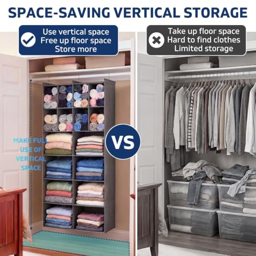 6 Tier Hanging Closet Organizer, 16 Compartments Dual Row Storage, Grey | Closet Organizers and Storage with Large & Small Pockets, 3 Sturdy Hooks Support Heavy Loads, Ideal for Dorm, Garment Rack
