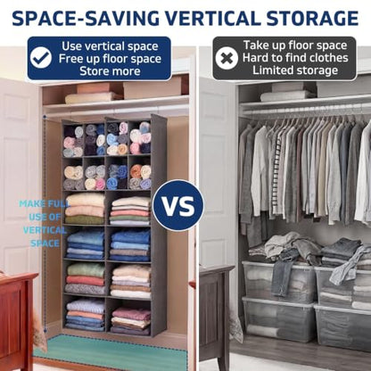 6 Tier Hanging Closet Organizer, 16 Compartments Dual Row Storage, Grey | Closet Organizers and Storage with Large & Small Pockets, 3 Sturdy Hooks Support Heavy Loads, Ideal for Dorm, Garment Rack