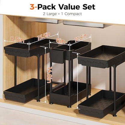 3-Pack 2-Tier Under Sink Organizers with Sliding Drawers | Multi-use kitchen & bathroom storage, 14.8 inch 2-Tier Sliding cabinet organizer, space-saving sliding drawer design.