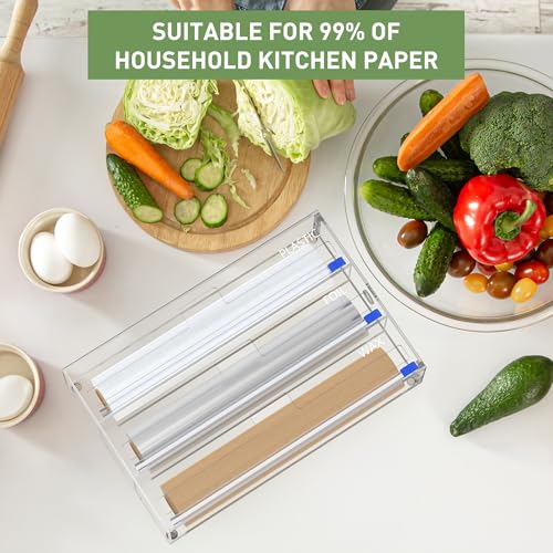 Kitchen Wrap Organizer, Foil and Plastic Wrap Organizer 3 in 1 with Sliding Cutter, Acrylic Wrap Dispenser for Drawer or Wall Mount, Fits 12 Inch Rolls